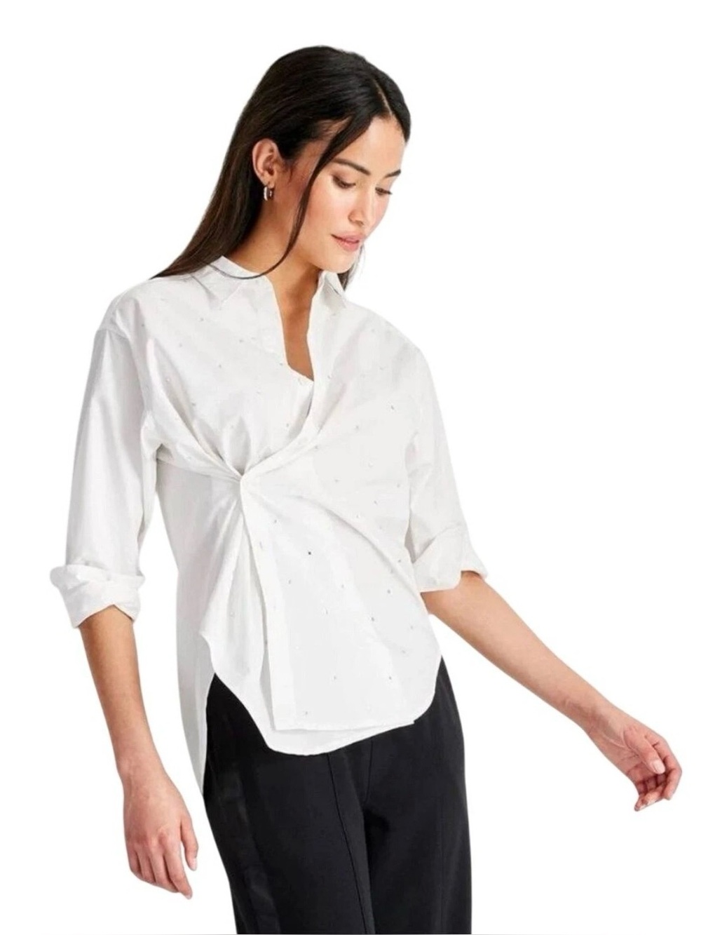 Future Collective White Collared Embellished Asymmetrical Button Down Shirt XS